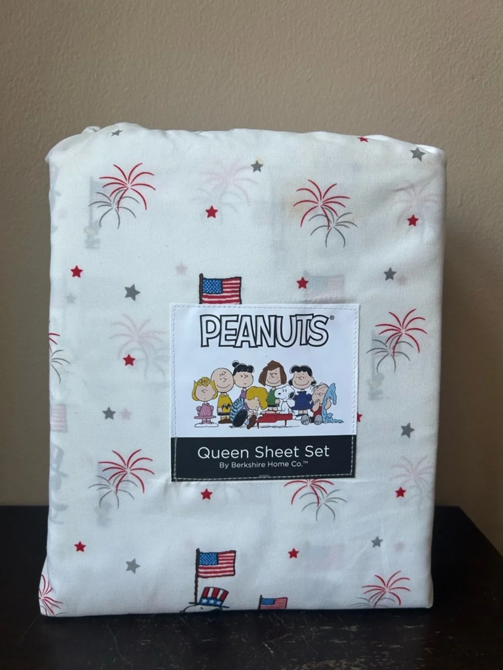 New Peanuts Snoopy Queen Sheet Set Americana July 4th Flag Stars Fireworks
